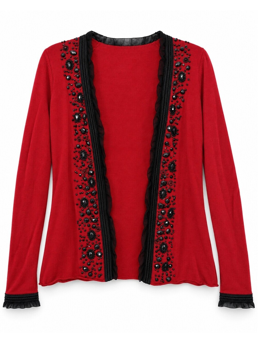 Alfani Red Silk Cashmere Beaded Embellished Open Front Cardigan Women M